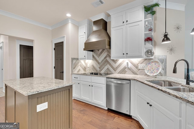 35 Cornish Creek Ln, Covington, GA 30014 - kitchen featuring dishwasher, custom exhaust hood, black electric cooktop, tasteful backsplash, and light wood-style floors