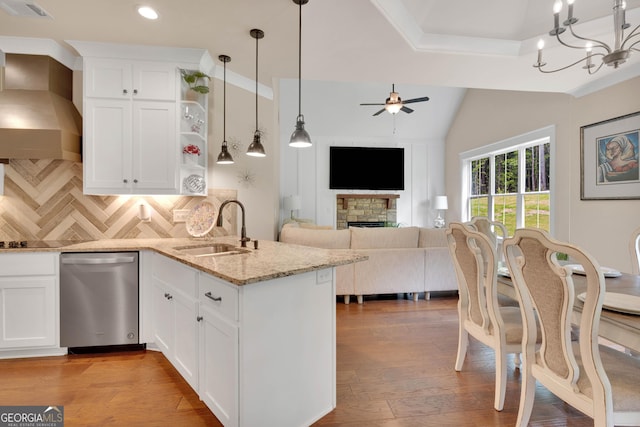 35 Cornish Creek Ln, Covington, GA 30014 - kitchen featuring stainless steel dishwasher, wall chimney range hood, a ceiling fan, backsplash, and recessed lighting