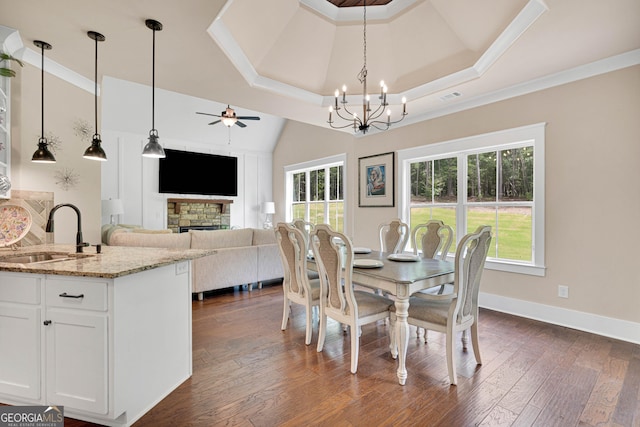 35 Cornish Creek Ln, Covington, GA 30014 - dining space featuring a raised ceiling, ceiling fan, healthy amount of natural light, and a stone fireplace