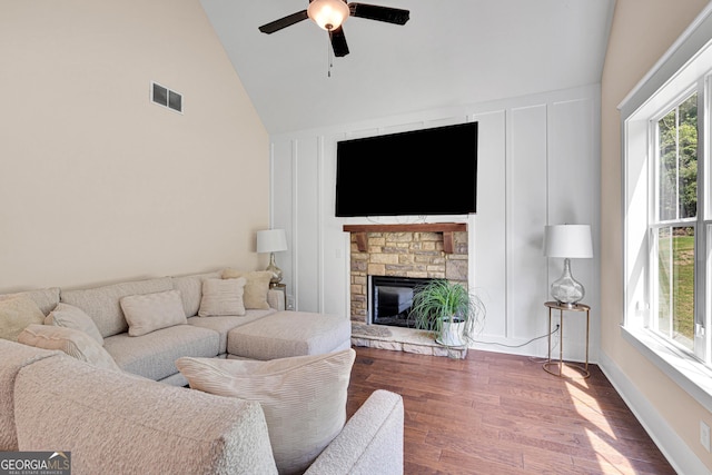 35 Cornish Creek Ln, Covington, GA 30014 - living area featuring a ceiling fan, dark wood-style flooring, a fireplace, and high vaulted ceiling