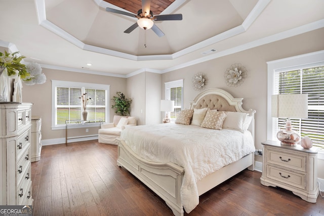 35 Cornish Creek Ln, Covington, GA 30014 - bedroom featuring a raised ceiling, dark wood-style flooring, ornamental molding, a ceiling fan, and recessed lighting