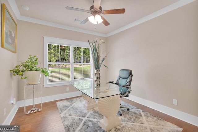 35 Cornish Creek Ln, Covington, GA 30014 - office space featuring a ceiling fan, wood finished floors, and ornamental molding