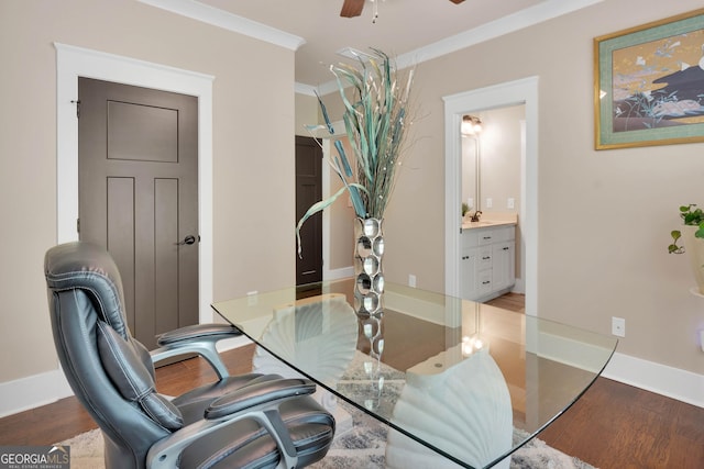 35 Cornish Creek Ln, Covington, GA 30014 - home office with wood finished floors, a ceiling fan, and crown molding