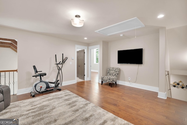 35 Cornish Creek Ln, Covington, GA 30014 - exercise room featuring attic access, wood finished floors, and recessed lighting