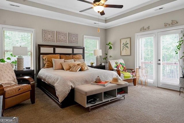 348 Willow Pointe Dr, Lagrange, GA 30240 - carpeted bedroom featuring access to exterior, crown molding, a tray ceiling, and ceiling fan