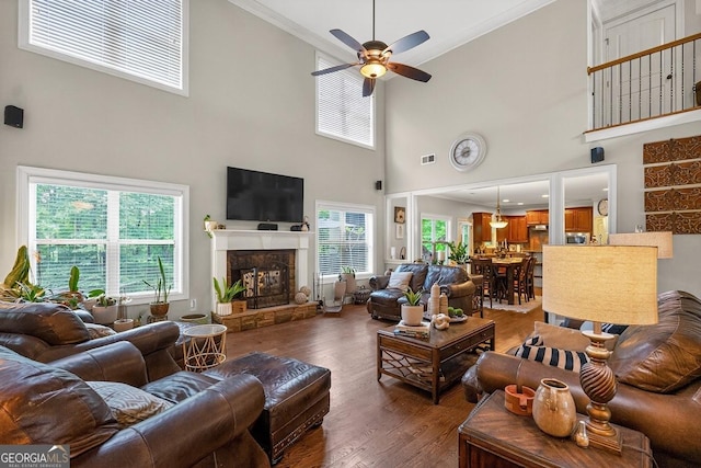 348 Willow Pointe Dr, Lagrange, GA 30240 - living area with ceiling fan, a high ceiling, wood finished floors, a fireplace, and ornamental molding