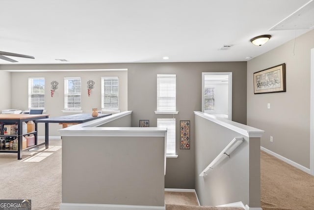 6131 Sparkling Cove Ln, Buford, GA 30518 - hall featuring an upstairs landing, light carpet, and recessed lighting
