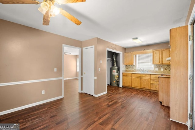 1799 Harmony Rd, Powder Springs, GA 30127 - kitchen with water heater, dark wood-style flooring, light countertops, ceiling fan, and backsplash