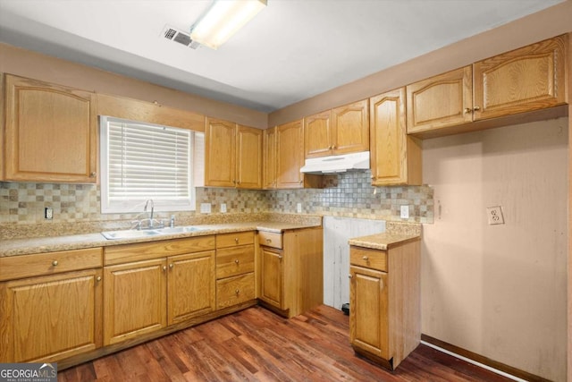 1799 Harmony Rd, Powder Springs, GA 30127 - kitchen with under cabinet range hood, dark wood-type flooring, tasteful backsplash, and light countertops