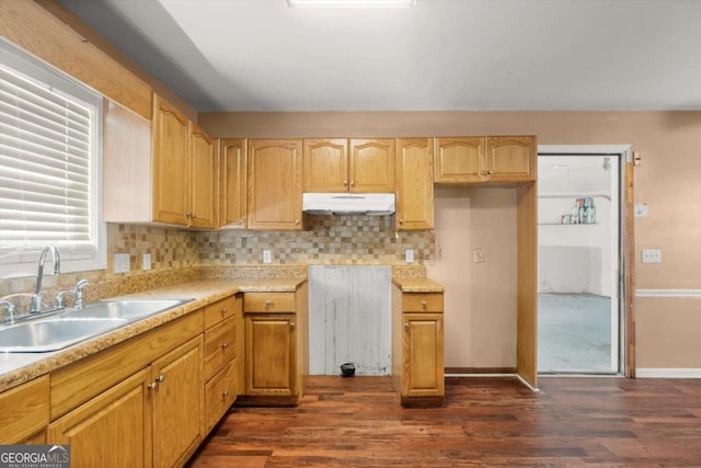 1799 Harmony Rd, Powder Springs, GA 30127 - kitchen featuring under cabinet range hood, backsplash, dark wood-style floors, and light countertops