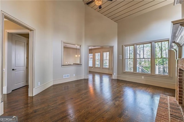 6186 Talmadge Run NW, Acworth, GA 30101 - unfurnished living room with a ceiling fan, high vaulted ceiling, dark wood-style floors, and wood ceiling