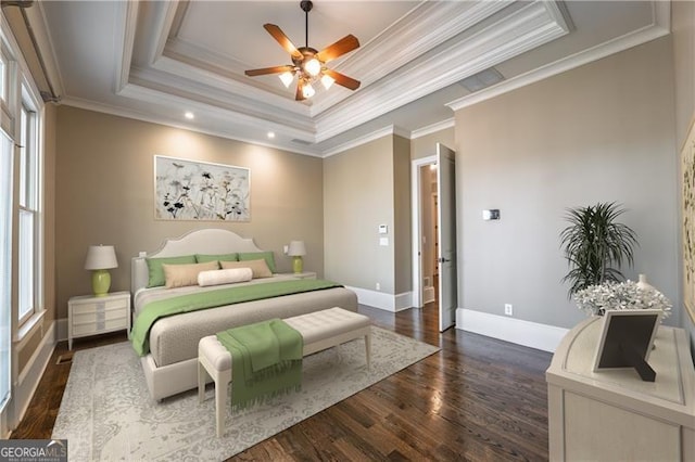6186 Talmadge Run NW, Acworth, GA 30101 - bedroom featuring a raised ceiling, dark wood-style flooring, ornamental molding, recessed lighting, and a ceiling fan