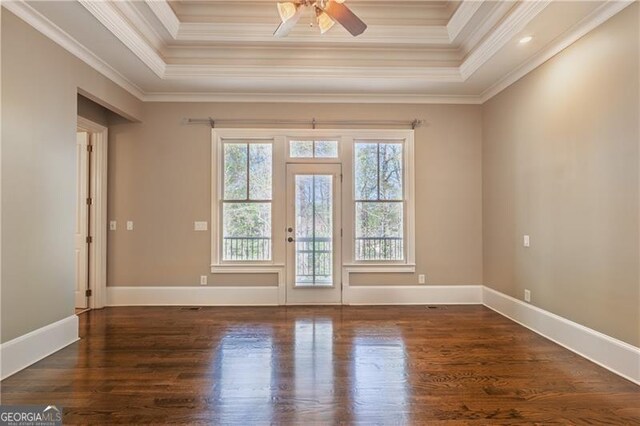 6186 Talmadge Run NW, Acworth, GA 30101 - unfurnished room featuring dark wood-style flooring, a ceiling fan, crown molding, and a tray ceiling