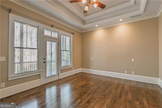 6186 Talmadge Run NW, Acworth, GA 30101 - unfurnished room featuring a raised ceiling, dark wood-style floors, ceiling fan, crown molding, and recessed lighting