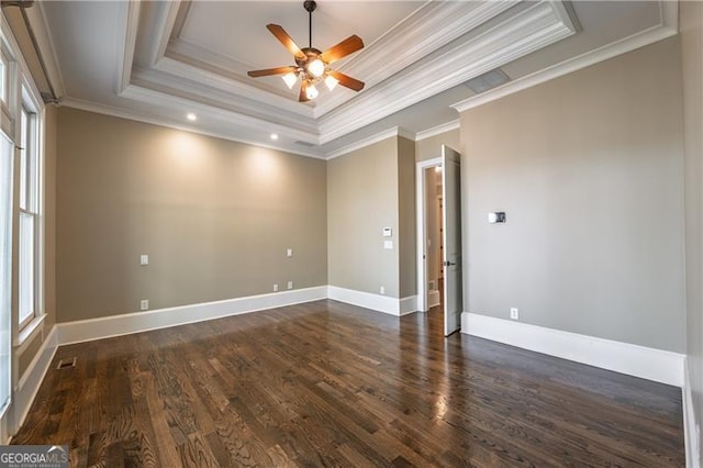 6186 Talmadge Run NW, Acworth, GA 30101 - empty room with a raised ceiling, ceiling fan, dark wood finished floors, crown molding, and recessed lighting