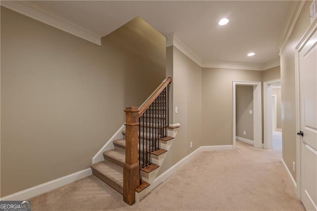 6186 Talmadge Run NW, Acworth, GA 30101 - staircase featuring crown molding, carpet, and recessed lighting
