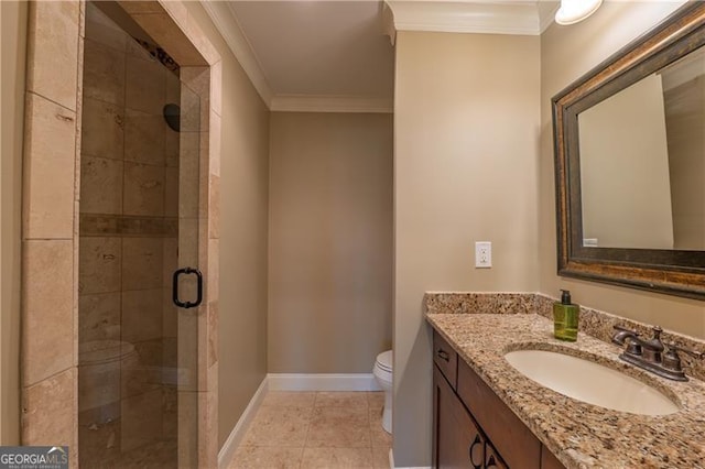 6186 Talmadge Run NW, Acworth, GA 30101 - bathroom with vanity, a shower stall, crown molding, and tile patterned flooring