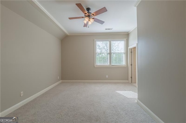 6186 Talmadge Run NW, Acworth, GA 30101 - empty room featuring ornamental molding, light carpet, a ceiling fan, and lofted ceiling