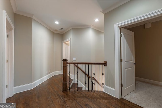 6186 Talmadge Run NW, Acworth, GA 30101 - hall with an upstairs landing, crown molding, wood finished floors, and recessed lighting