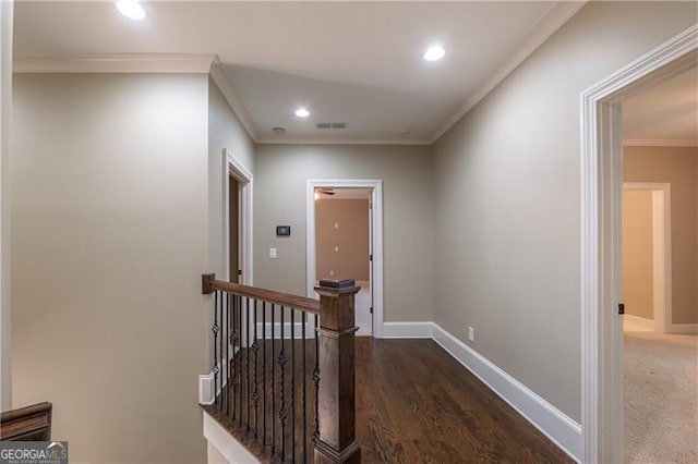 6186 Talmadge Run NW, Acworth, GA 30101 - hallway with crown molding, an upstairs landing, recessed lighting, and wood finished floors