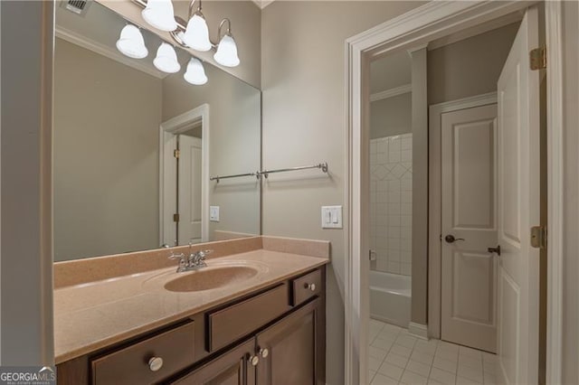 6186 Talmadge Run NW, Acworth, GA 30101 - full bathroom featuring vanity, tile patterned flooring, a chandelier, ornamental molding, and bathing tub / shower combination