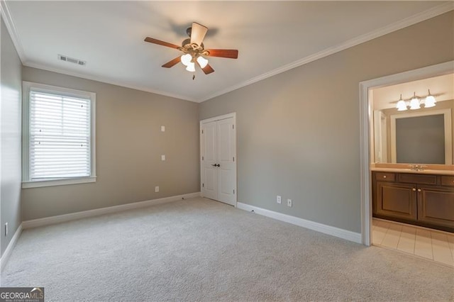 6186 Talmadge Run NW, Acworth, GA 30101 - unfurnished bedroom featuring light colored carpet, crown molding, ensuite bath, and ceiling fan