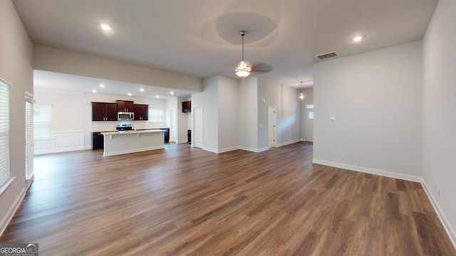 458 Southern Oaks Dr, Macon, GA 31216 - unfurnished living room with a ceiling fan, dark wood-style floors, and recessed lighting
