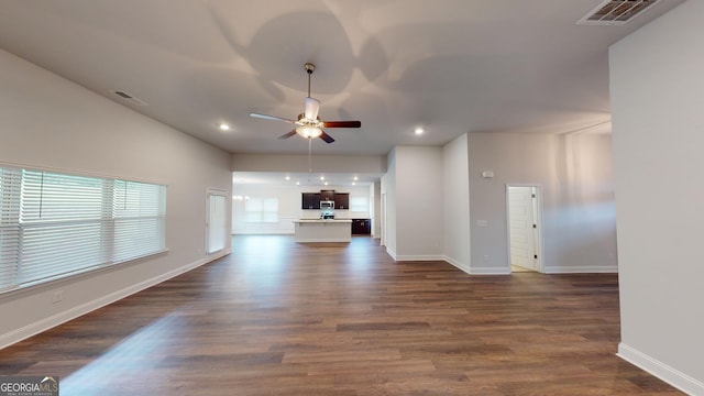 458 Southern Oaks Dr, Macon, GA 31216 - unfurnished living room featuring ceiling fan, dark wood-style flooring, and recessed lighting
