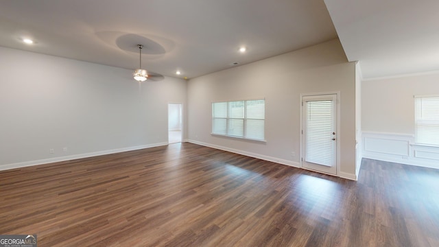 458 Southern Oaks Dr, Macon, GA 31216 - empty room featuring ceiling fan, dark wood finished floors, recessed lighting, and ornamental molding