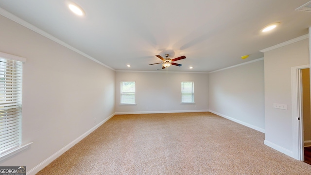 458 Southern Oaks Dr, Macon, GA 31216 - spare room featuring recessed lighting, ceiling fan, carpet floors, and ornamental molding