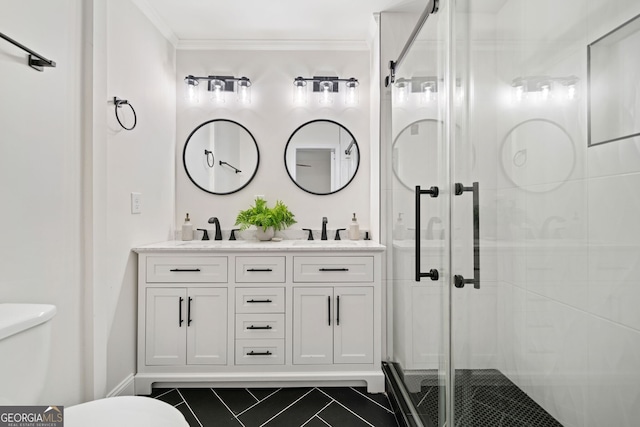 1891 W Forrest Ave, Atlanta, GA 30344 - bathroom with tile patterned floors, a stall shower, double vanity, and crown molding