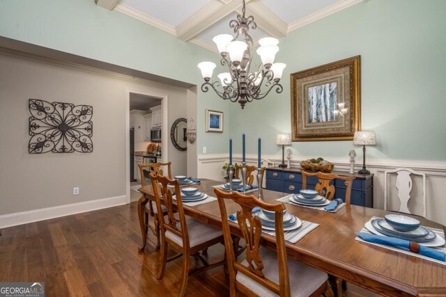 1421 Jack Malcom Rd, Madison, GA 30650 - dining area with beamed ceiling, a chandelier, wainscoting, dark wood-type flooring, and crown molding