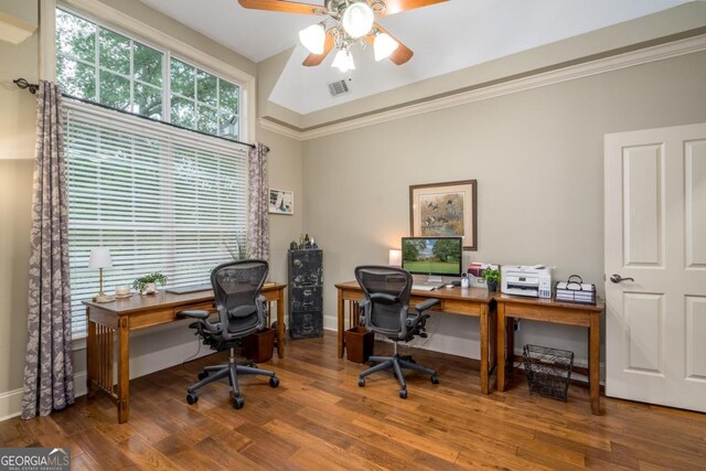 1421 Jack Malcom Rd, Madison, GA 30650 - office with ceiling fan, wood finished floors, and ornamental molding