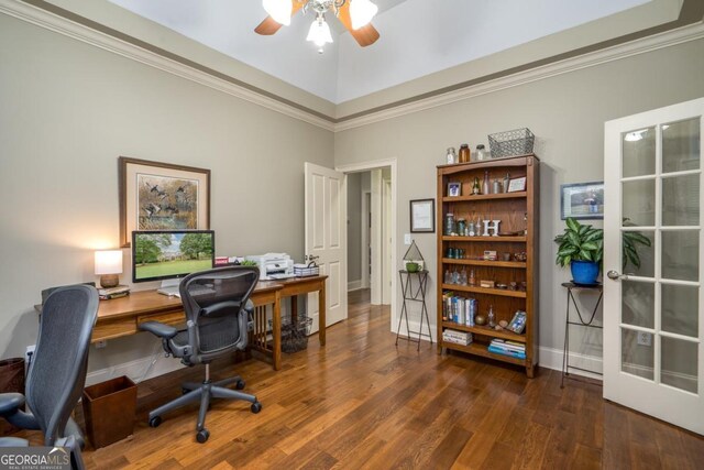 1421 Jack Malcom Rd, Madison, GA 30650 - office featuring ceiling fan, wood finished floors, and crown molding