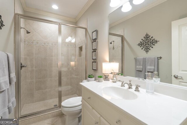 1421 Jack Malcom Rd, Madison, GA 30650 - full bath featuring vanity, a stall shower, ornamental molding, and tile patterned flooring