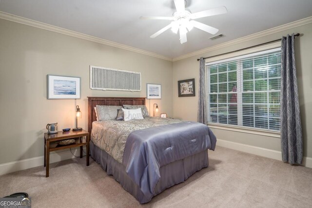 1421 Jack Malcom Rd, Madison, GA 30650 - bedroom with light carpet, ornamental molding, and ceiling fan