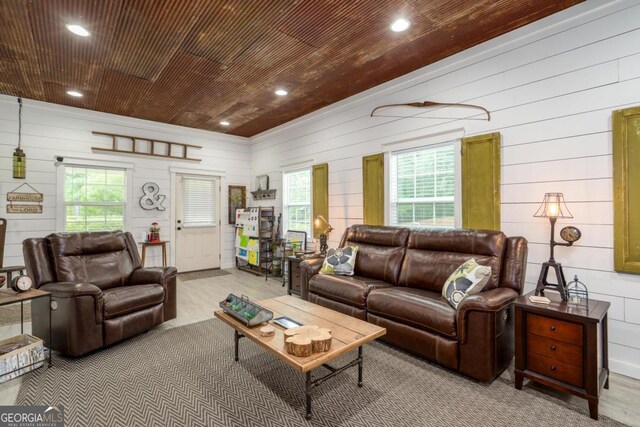 1421 Jack Malcom Rd, Madison, GA 30650 - living area featuring wood walls, plenty of natural light, recessed lighting, and wooden ceiling