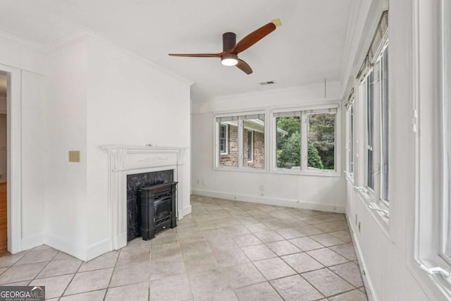 1501 Memory Ln SE, Smyrna, GA 30080 - unfurnished living room featuring ornamental molding, a ceiling fan, light tile patterned floors, and a wood stove