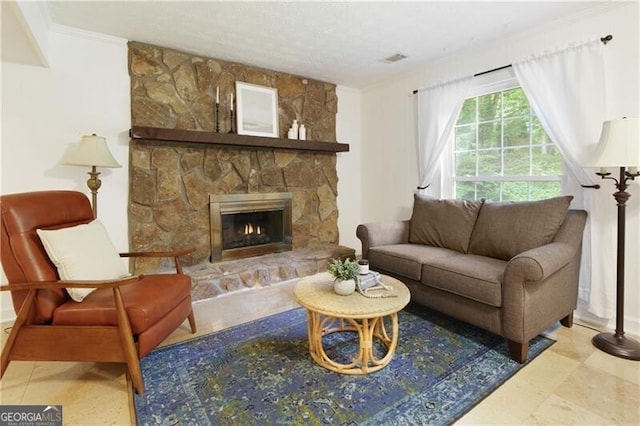 9685 Cone Ct, Roswell, GA 30075 - living room featuring a stone fireplace and crown molding