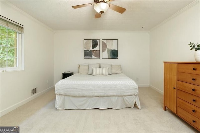 9685 Cone Ct, Roswell, GA 30075 - bedroom with crown molding, light carpet, and a ceiling fan