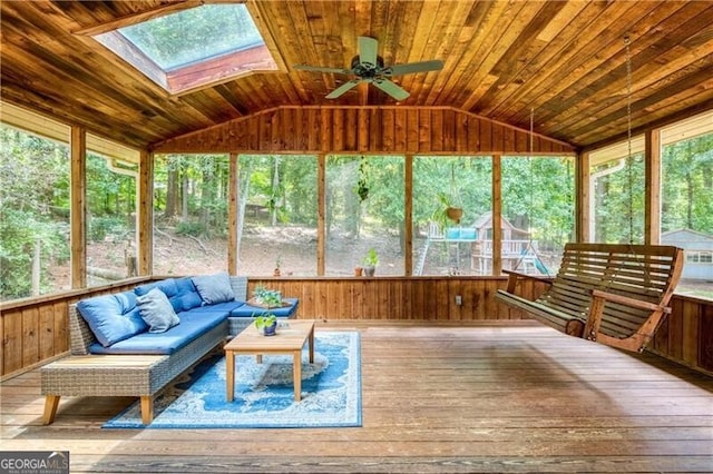 9685 Cone Ct, Roswell, GA 30075 - unfurnished sunroom with ceiling fan, vaulted ceiling, an outdoor living space, and plenty of natural light