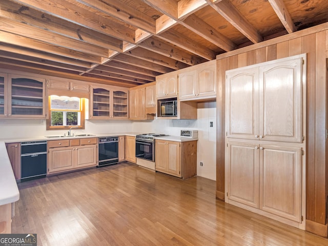 210 Roberts Point Rd, Jackson, GA 30233 - kitchen with black appliances, light brown cabinetry, glass insert cabinets, light wood-style flooring, and a wooden ceiling with exposed beams