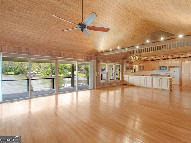210 Roberts Point Rd, Jackson, GA 30233 - unfurnished living room with vaulted ceiling, wooden ceiling, a ceiling fan, a water view, and light wood-style flooring
