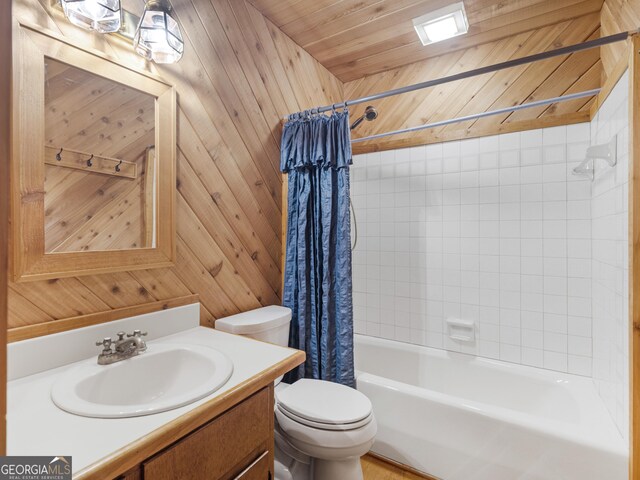 210 Roberts Point Rd, Jackson, GA 30233 - full bath featuring vanity, wood walls, shower / tub combo with curtain, and wooden ceiling