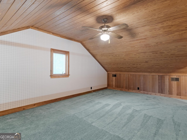 210 Roberts Point Rd, Jackson, GA 30233 - additional living space featuring wooden ceiling, vaulted ceiling, carpet floors, a ceiling fan, and wooden walls
