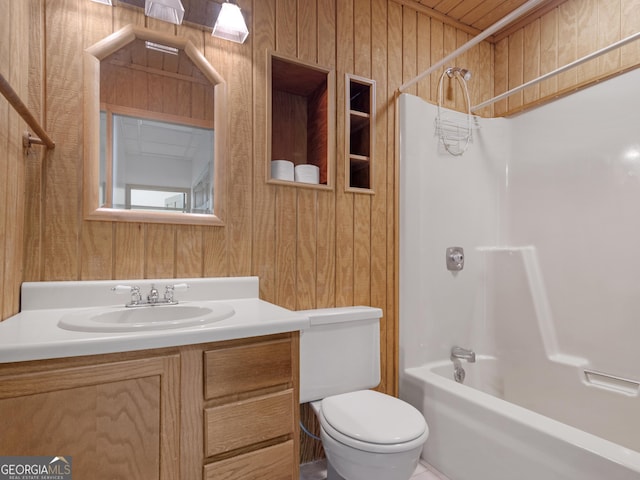 210 Roberts Point Rd, Jackson, GA 30233 - full bath featuring vanity, wood walls, and tub / shower combination
