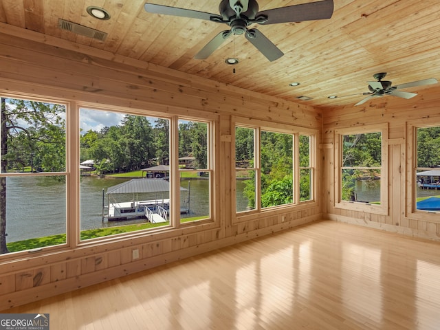 210 Roberts Point Rd, Jackson, GA 30233 - unfurnished sunroom with a water view, wooden ceiling, wood finished floors, wooden walls, and plenty of natural light