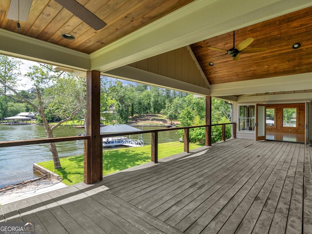 210 Roberts Point Rd, Jackson, GA 30233 - wooden terrace with a water view, ceiling fan, a lawn, and view of wooded area