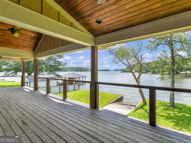 210 Roberts Point Rd, Jackson, GA 30233 - wooden terrace with a water view, ceiling fan, and a yard