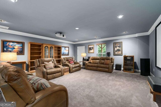 7430 Ramsgate Ct, Cumming, GA 30040 - home theater room featuring ornamental molding, carpet flooring, and recessed lighting